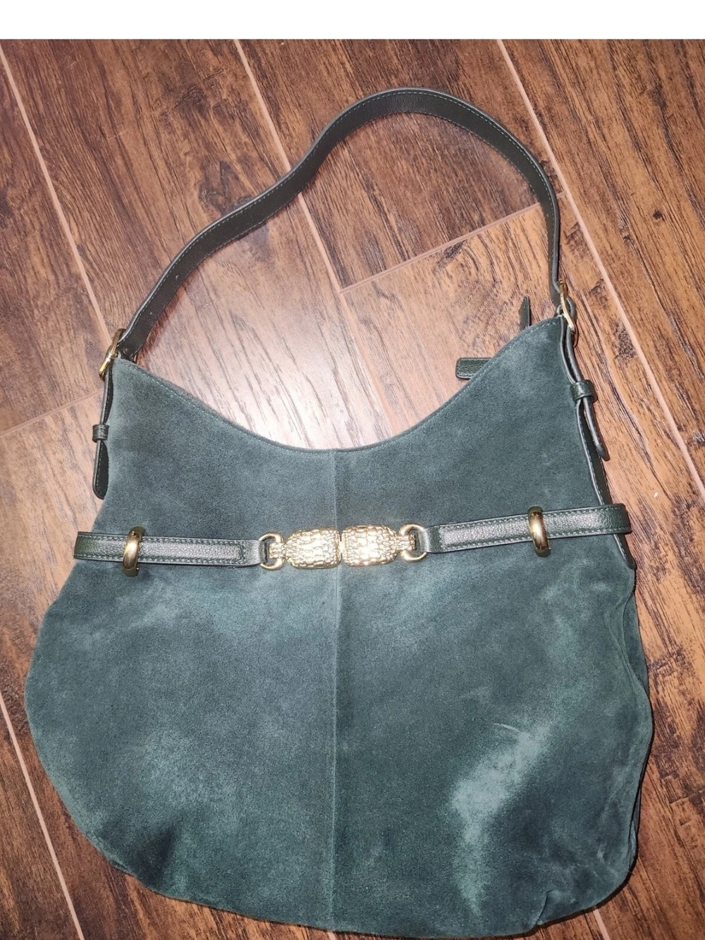 Talbots Dark Green Suede Shoulder Bag with Gold Accent